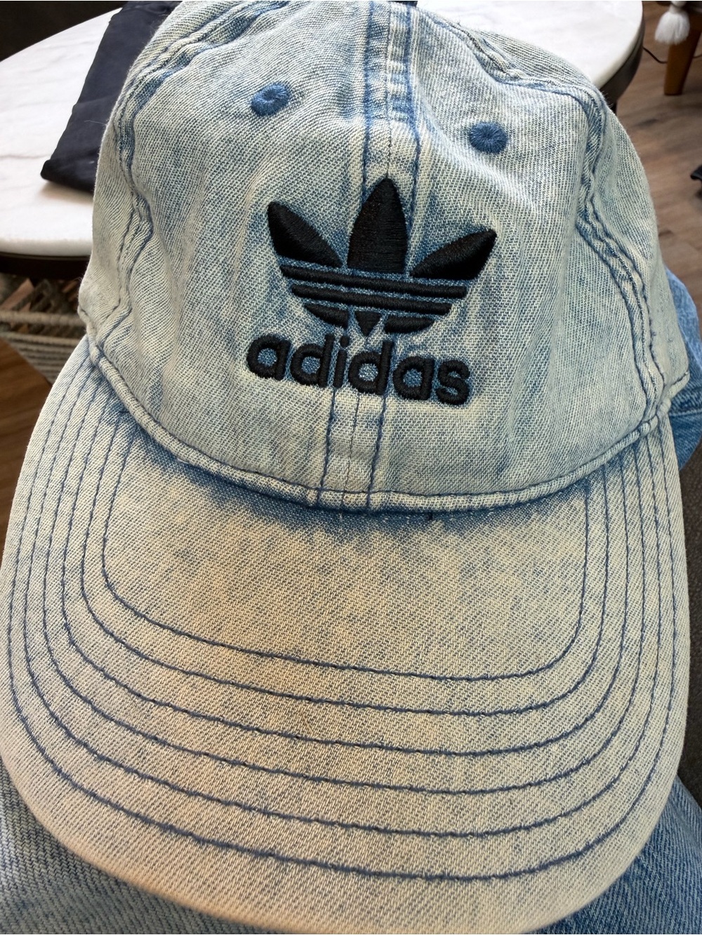 adidas Light Blue Denim Trefoil Baseball Hat with Black Logo